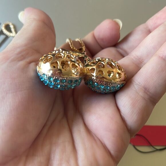 Blue Crystal Enamel Charm Cherry Pendant Sweater Chain Necklace NWOT - Picture 5 of 5